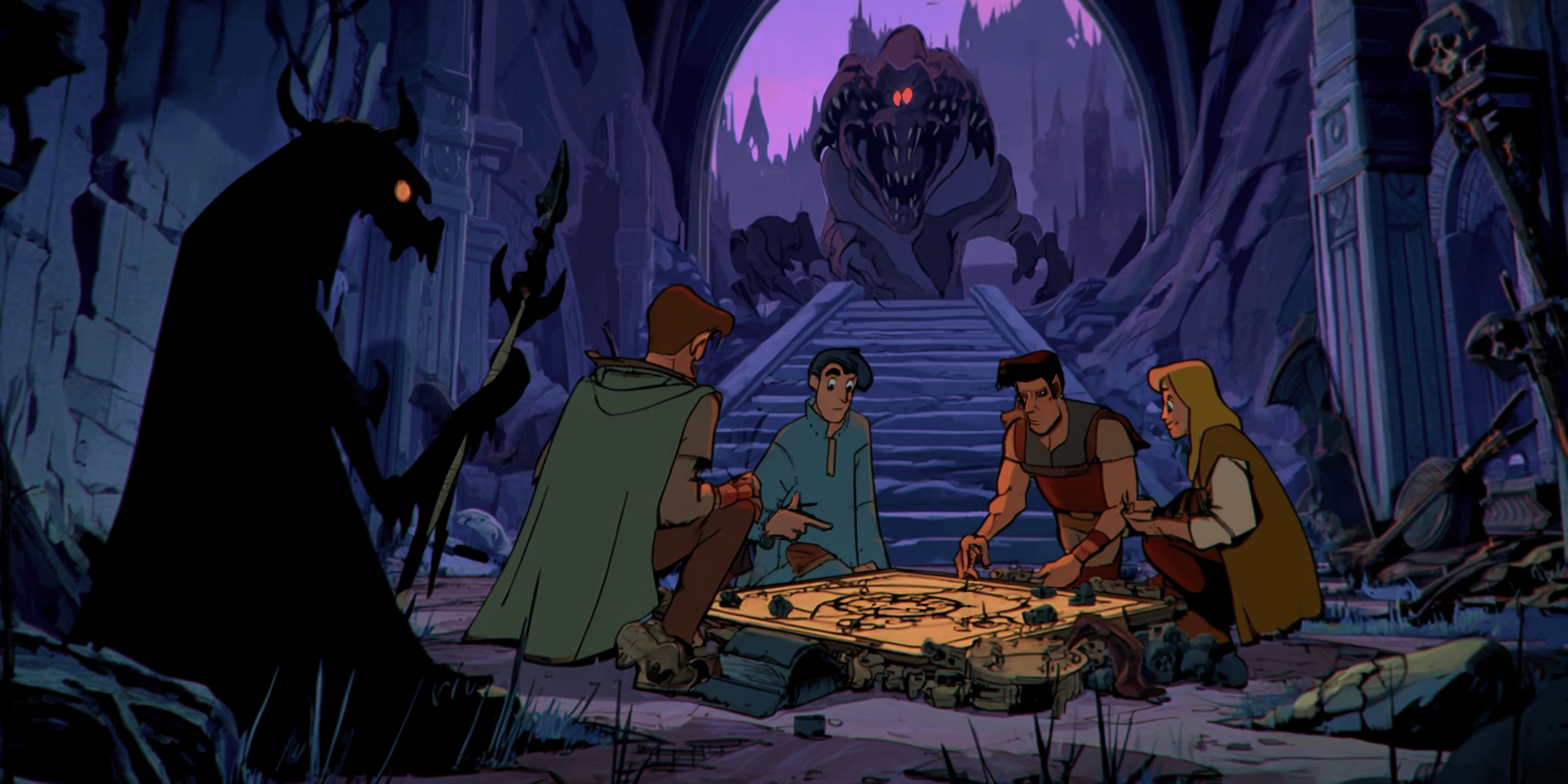 Serious Business: A group of heroes play Saga & Song while monsters watch on in awe.